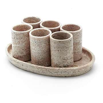 Mezcal For Life Marble Stone Shot Glasses Set, Handmade Unique and Traditional Shot Glasses with Serving Tray, Perfect for Drinking, Decoration, and Gift - (Pack of 6), White