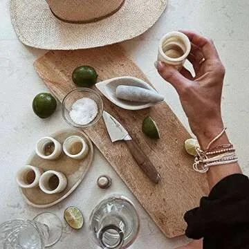 Mezcal For Life Marble Stone Shot Glasses Set, Handmade Unique and Traditional Shot Glasses with Serving Tray, Perfect for Drinking, Decoration, and Gift - (Pack of 6), White