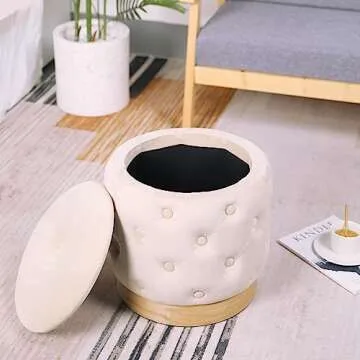 NEWIMAGE Round Storage Ottoman Dutch Velvet Pouf Ottoman 15''H Ottoman with Storage Luxury Round Stool for Living Room Bedroom Balcony Dressing Snack(Cream)