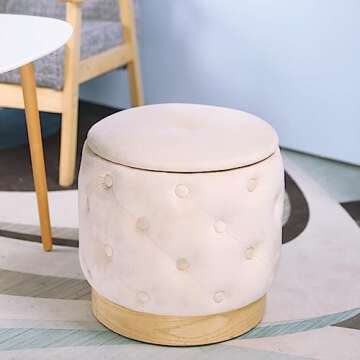 NEWIMAGE Round Storage Ottoman Dutch Velvet Pouf Ottoman 15''H Ottoman with Storage Luxury Round Stool for Living Room Bedroom Balcony Dressing Snack(Cream)