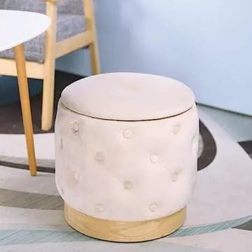 NEWIMAGE Round Storage Ottoman Dutch Velvet Pouf Ottoman 15''H Ottoman with Storage Luxury Round Stool for Living Room Bedroom Balcony Dressing Snack(Cream)