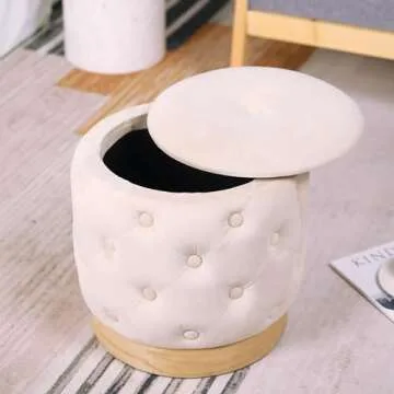 NEWIMAGE Round Storage Ottoman Dutch Velvet Pouf Ottoman 15''H Ottoman with Storage Luxury Round Stool for Living Room Bedroom Balcony Dressing Snack(Cream)