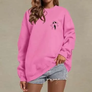 Bobeutou No You Hang Up Sweatshirt for Women Funny Ghostface Graphic Long Sleeve Shirt Halloween Pullover Casual Tops (Pink,M,Medium)