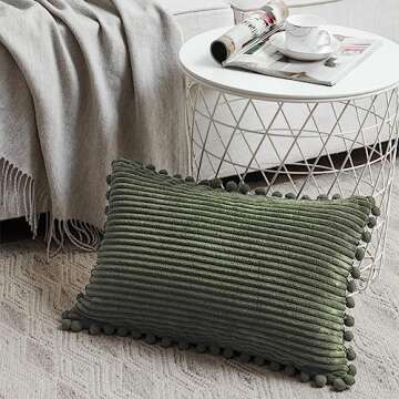 Fancy Homi 2 Pack Olive Green Lumbar Decorative Throw Pillow Covers 12x20 Inch with Pom-poms for Cou...