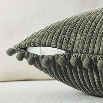 Fancy Homi 2 Pack Olive Green Lumbar Decorative Throw Pillow Covers 12x20 Inch with Pom-poms for Couch Bedroom Sofa, Soft Corduroy Solid Rectangle Cushion Case 30x50 cm, Farmhouse Boho Home Decor