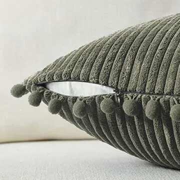 Fancy Homi 2 Pack Olive Green Lumbar Decorative Throw Pillow Covers 12x20 Inch with Pom-poms for Couch Bedroom Sofa, Soft Corduroy Solid Rectangle Cushion Case 30x50 cm, Farmhouse Boho Home Decor