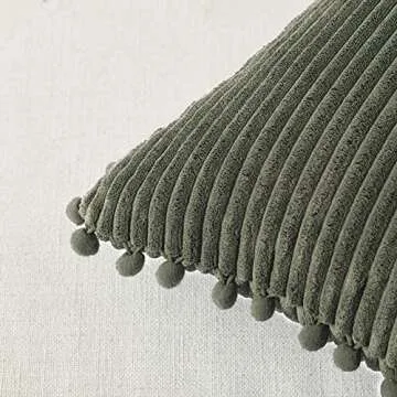 Fancy Homi 2 Pack Olive Green Lumbar Decorative Throw Pillow Covers 12x20 Inch with Pom-poms for Couch Bedroom Sofa, Soft Corduroy Solid Rectangle Cushion Case 30x50 cm, Farmhouse Boho Home Decor