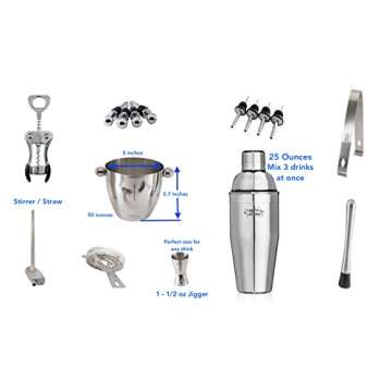 Buddy 16-Piece Wine and Cocktail Mixing Bar Set–Bartender Kit w/Essential Barware Tools-Large 25 oz. Stainless Steel Shaker, Ice Bucket, Muddler, Double Sided Jigger - Free 1000 Cocktail Recipes PDF