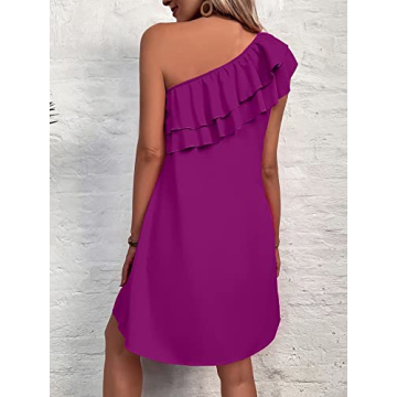 Floerns Women's One Shoulder Tiered Layered Sleeveless Ruffle Trim Tunic Dress Purple M