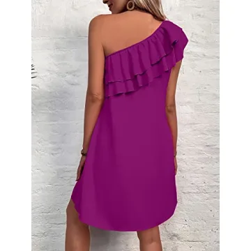 Floerns Women's One Shoulder Tiered Layered Sleeveless Ruffle Trim Tunic Dress Purple M