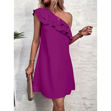 Floerns Women's One Shoulder Tiered Layered Sleeveless Ruffle Trim Tunic Dress Purple M