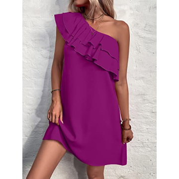 Floerns Women's One Shoulder Tiered Layered Sleeveless Ruffle Trim Tunic Dress Purple M