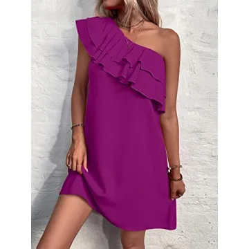 Floerns Women's One Shoulder Tiered Layered Sleeveless Ruffle Trim Tunic Dress Purple M