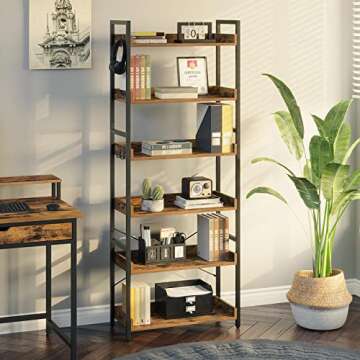 Rolanstar Bookshelf 6 Tier with 4 Hooks, Industrial Bookcase, Vintage Storage Rack with Open Shelves...