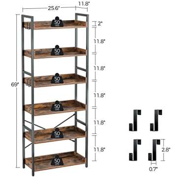 Rolanstar Bookshelf 6 Tier with 4 Hooks, Industrial Bookcase, Vintage Storage Rack with Open Shelves, Rustic Standing Bookshelves Metal Frame Display Rack for Living Room, Bedroom, Rustic Brown