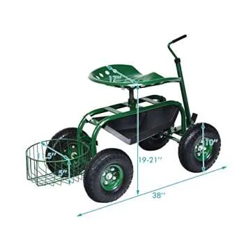 Goplus Garden Cart Gardening Workseat w/Wheels, Rolling Work Seat with Tool Tray & Basket, Length Adjustable Hook Handle, Green