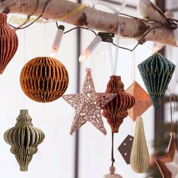 NICROLANDEE Christmas Decorations, 6 PCS Christmas Paper Honeycomb Ornaments with Glitter Edge, Mini Hanging Paper Lanterns for Christmas Tree Decoration Xmas Holiday Party New Year Decor