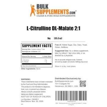 BulkSupplements.com L-Citrulline Malate 2:1 Powder - L Citrulline Malate Supplement, Citrulline Malate Powder - Unflavored & Gluten Free - 3g per Servings, 1kg (2.2 lbs) (Pack of 1)