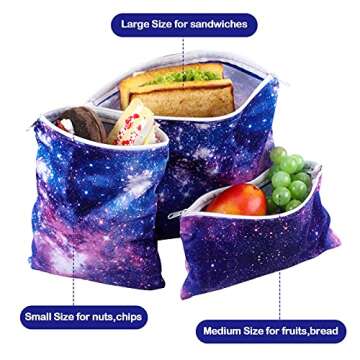 5 Reusable Snack Bags with Unique Galaxy Patterns