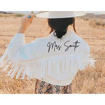 Monicustom Personalized Cropped White Fringe Jean Jacket Women White Cropped Denim Jacket with Fring...
