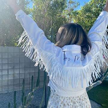 Monicustom Personalized Cropped White Fringe Jean Jacket Women White Cropped Denim Jacket with Fringe Future Mrs Bridal Jean Jacket
