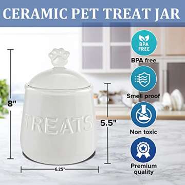 Kovot Pet Snack Jar - Ivory White Ceramic Treat Container with Lid and Paw Handle