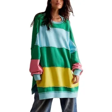 Amiblvowa Sweatshirt Dress for Women Teens Y2K Colorblock Long Sleeve Pullover Striped Hoodie Dress ...