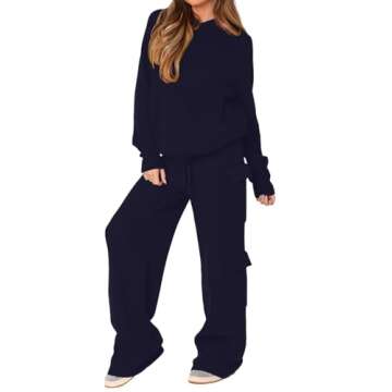 REORIA Women's 2 Two Piece Knit Sweater Sets Hoodies Cargo Pants Matching Lounge Tracksuits Fall Win...