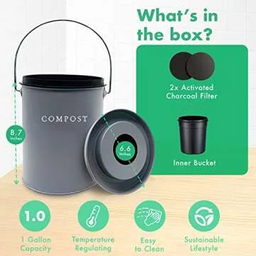Countertop Composting Bin with Lid, Indoor Compost Container / Bucket For Kitchen Counter, Pail Food Waste Bin