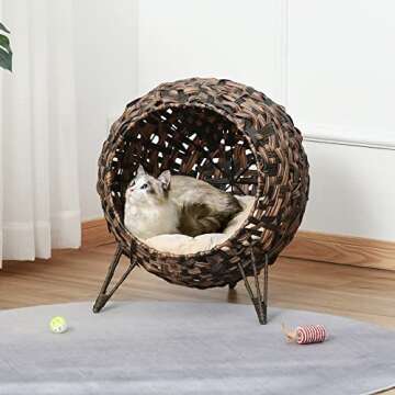 PawHut 20.5" Weaved Cat Bed, Elevated Hand-Woven Braided Banana Leaf Kitten House Condo with Cushion...