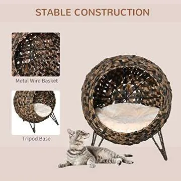 PawHut 20.5" Weaved Cat Bed, Elevated Hand-Woven Braided Banana Leaf Kitten House Condo with Cushion, Brown