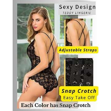 Avidlove Women Teddy Lingerie One Piece Babydoll Bodysuit Romper, Small, Black