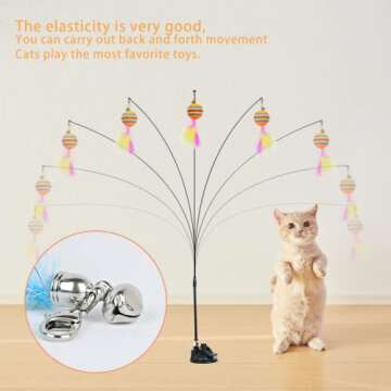 Cat Toy Wand Auto Interactive Toys for Indoor Cat 6 in 1 Hands-Free Natural Bird Feather Ball Toys, Suction Cup Pet Dancing Playing Toy