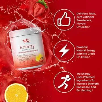 TRU Supplements Energy, Pre Workout Training Formula, Vegan Friendly, No Jitters, Improve Workout Performance, Naturally Extracted Flavors, 20 Servings (Strawberry Lemonade)