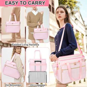 Sambois Teacher Tote Bag with Accordion File Organizer Pocket, Soft Nylon Utility Bag with 15.6 inch Laptop Compartment & USB Port, Large Work Tote Bag for Office Supplies Women (Pink)