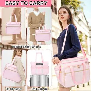 Sambois Teacher Tote Bag with Accordion File Organizer Pocket, Soft Nylon Utility Bag with 15.6 inch Laptop Compartment & USB Port, Large Work Tote Bag for Office Supplies Women (Pink)