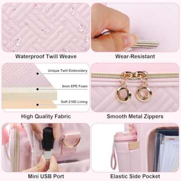 Sambois Teacher Tote Bag with Accordion File Organizer Pocket, Soft Nylon Utility Bag with 15.6 inch Laptop Compartment & USB Port, Large Work Tote Bag for Office Supplies Women (Pink)