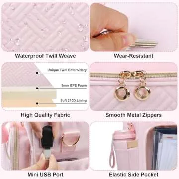 Sambois Teacher Tote Bag with Accordion File Organizer Pocket, Soft Nylon Utility Bag with 15.6 inch Laptop Compartment & USB Port, Large Work Tote Bag for Office Supplies Women (Pink)