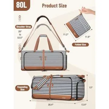 Lekesky Foldable Travel Duffle Bag for Women, 80L Large Duffel Bag with Separate Shoes Compartments & Straps, Carry On Weekend Bag for Women, Hospital, Overnight (Blue Stripes)