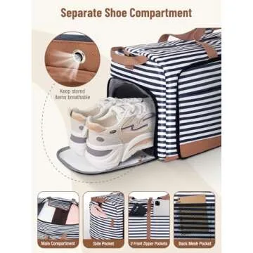 Lekesky Foldable Travel Duffle Bag for Women, 80L Large Duffel Bag with Separate Shoes Compartments & Straps, Carry On Weekend Bag for Women, Hospital, Overnight (Blue Stripes)