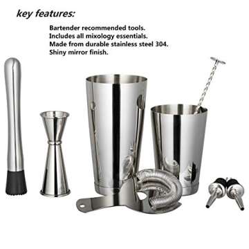 Stainless Steel Boston Cocktail Shaker Set: 8-Piece Bartender Kit: 2 Weighted Martini Shaker Tins, Hawthorne Strainer, Double Jigger, Muddler, Mixing Spoon & 2 Liquor Pourers