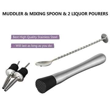 Stainless Steel Boston Cocktail Shaker Set: 8-Piece Bartender Kit: 2 Weighted Martini Shaker Tins, Hawthorne Strainer, Double Jigger, Muddler, Mixing Spoon & 2 Liquor Pourers