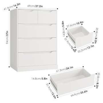 HOSTACK Modern 5 Drawer Dresser for Bedroom, Chest of Drawers with Storage, Wood Storage Chest Organizers with Cut-Out Handles, Accent Storage Cabinet for Living Room, Entryway, Hallway, White