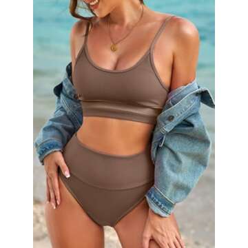 Herseas Women 2 Piece Bikini Solid Color Crop Top High Cut Swimsuit Sporty High Waisted Bathing Suit with Tankini Bottoms Brown Medium 8 10