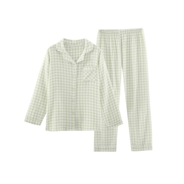 codcm Womens Cotton Pajama Sets Long Sleeve Button Down Shirt and Pants Sleepwear 2 Piece Gingham Pj...