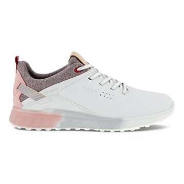 ECCO Women's S-Three Gore-TEX Golf Shoe, White/Silver Pink, 8-8.5