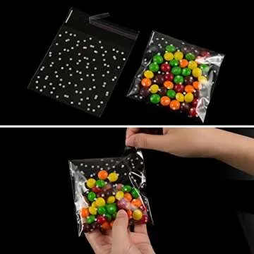 400PCS White Polka Dot Treat Bags Self Adhesive Candy Cookie Bags, 200 Cellophane Bags + 200 Thank You Sticker for Bakery Biscuit Chocolate Snacks Dessert (5.5x5.5Inches, White Polka Dot+Sticker)