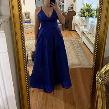 Yangprom Long Spaghetti Straps V-Neck Satin A-line Prom Dress with Pockets (2, Red)