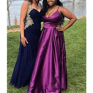 Yangprom Long Spaghetti Straps V-Neck Satin A-line Prom Dress with Pockets (2, Red)