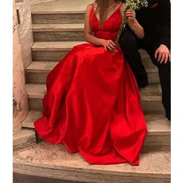 Yangprom Long Spaghetti Straps V-Neck Satin A-line Prom Dress with Pockets (2, Red)
